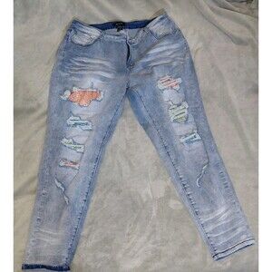 VTG Ashley Stewart Jeans Womens 18 Blue Skinny Fit Distressed Patchwork Stretch